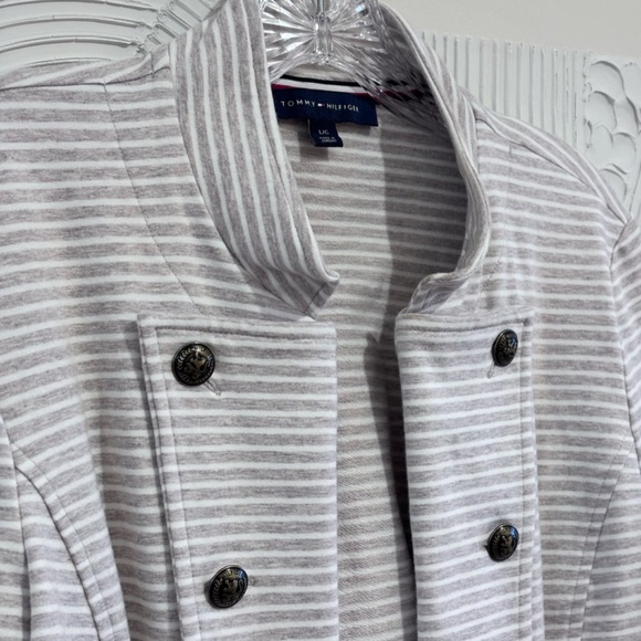 Tommy Hilfiger Women's Gray White Stripe SZ L Open Front Military Band Jacket - Picture 6 of 16